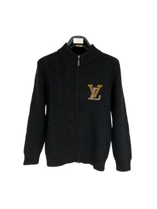 LV 刺繡LOGO羊毛衫外套 (黑)