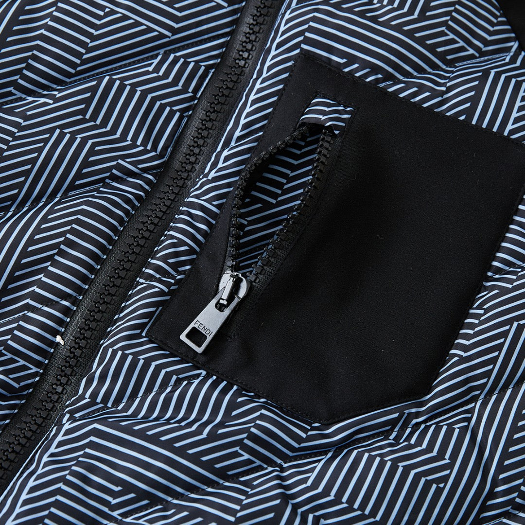 FENDI 黑藍滿印FF拼接口袋棉服