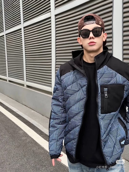 FENDI 黑藍滿印FF拼接口袋棉服