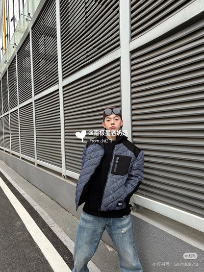 FENDI 黑藍滿印FF拼接口袋棉服