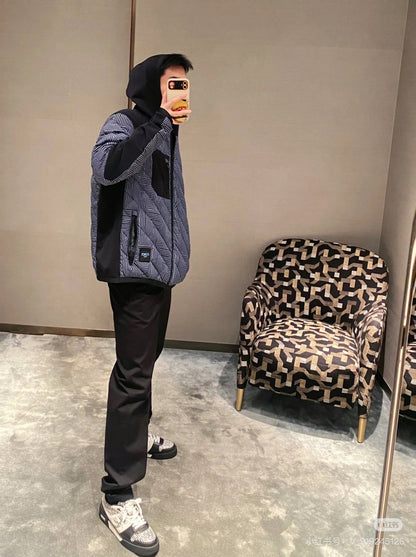 FENDI 黑藍滿印FF拼接口袋棉服