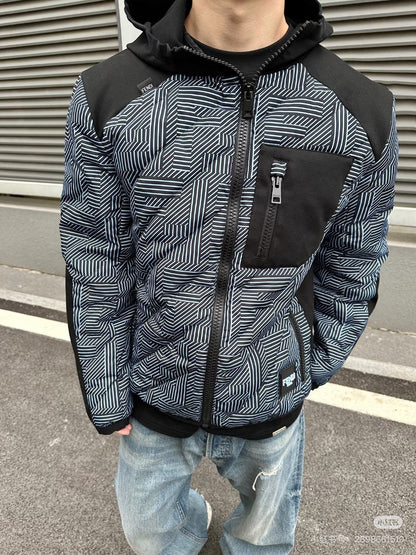 FENDI 黑藍滿印FF拼接口袋棉服