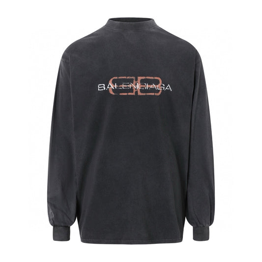 BALENCIAGA 雙B印花水洗做舊長袖