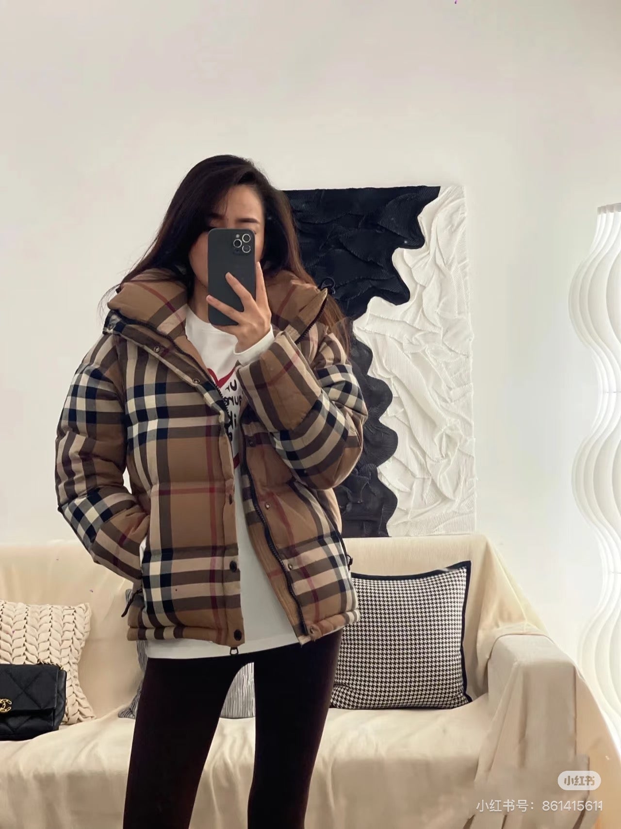 BURBERRY 拆袖大格紋羽絨服