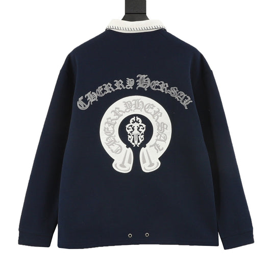 CHROME HEARTS 馬蹄刺繡翻領長袖polo衫 (深藍)
