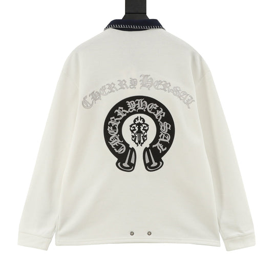 CHROME HEARTS 馬蹄刺繡翻領長袖polo衫 (白)