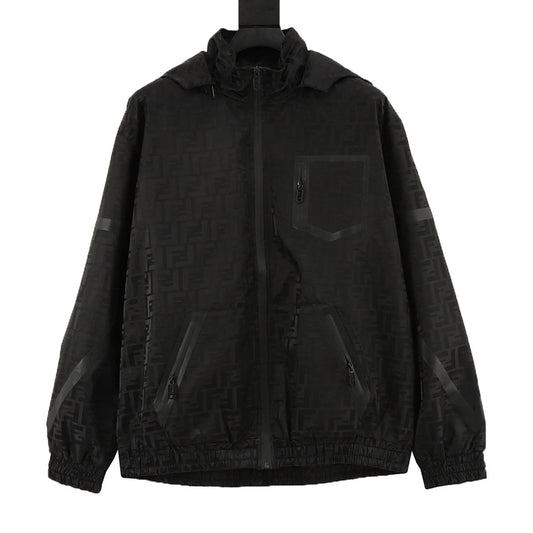Fendi 老花FF滿印壓膠風衣拉鍊外套 (黑)