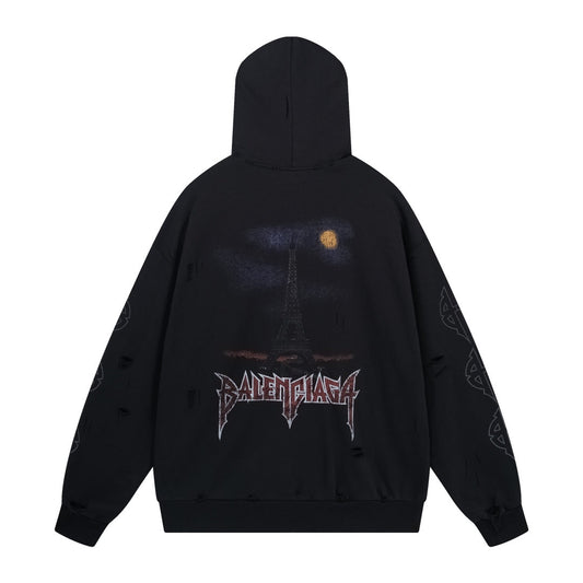 BALENCIAGA 巴黎艾菲爾鐵塔噴墨塗鴉手繪漸層彩印水洗做舊破壞拉鍊開襟衫外套