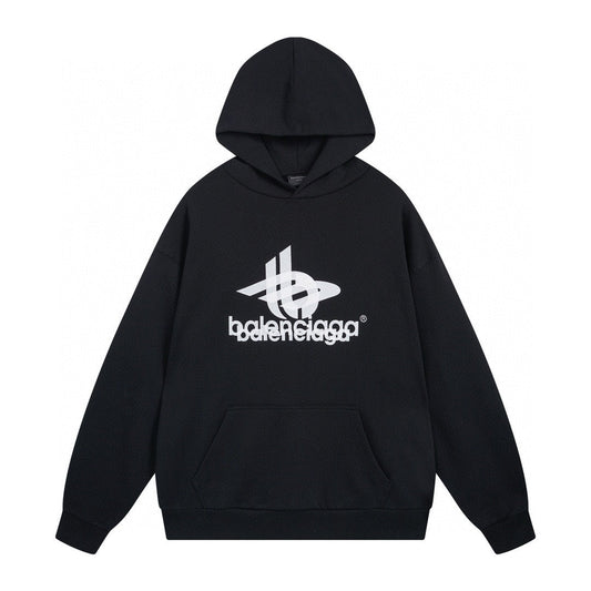 BALENCIAGA 幻影雙LOGO經典圖案印花長袖連帽衛衣 (黑)