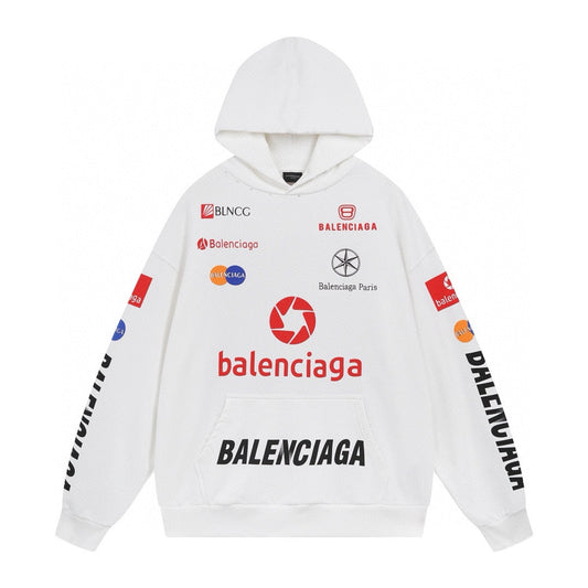 BALENCIAGA 賽車服印花成衣磨爛做舊連帽衛衣 (白)