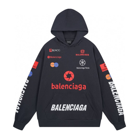 BALENCIAGA 賽車服印花成衣磨爛做舊連帽衛衣 (藍灰色)