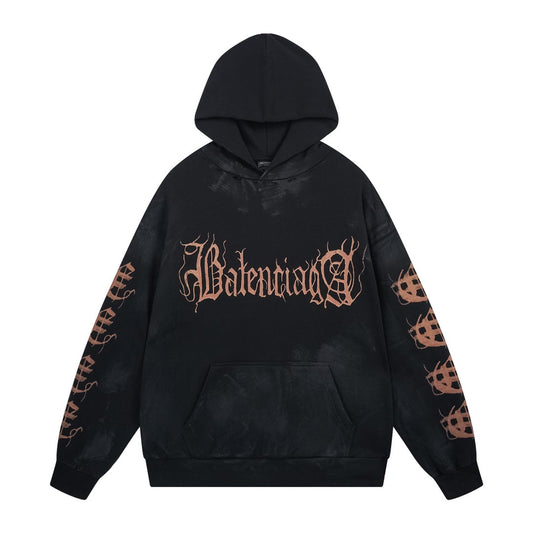BALENCIAGA 梵文字母LOGO手繪塗鴉洗水磨爛做舊連帽衛衣