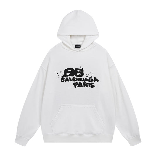 BALENCIAGA BB手繪塗鴉長袖連帽衛衣 (白)