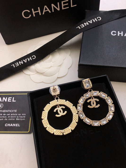 CHANEL 方鑽雙c滿鑽耳環耳環