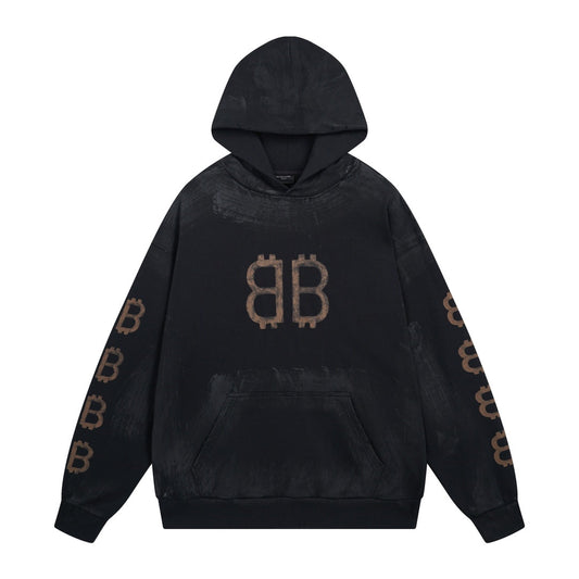 BALENCIAGA 泥巴手繪磨爛洗水做舊長袖連帽衛衣 (黑藍色)