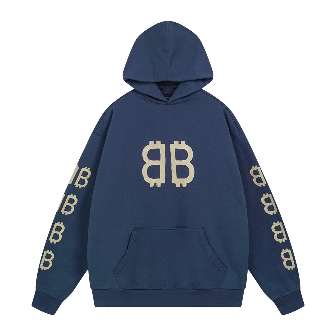 BALENCIAGA 泥巴手繪磨爛洗水做舊長袖連帽衛衣 (藍色)