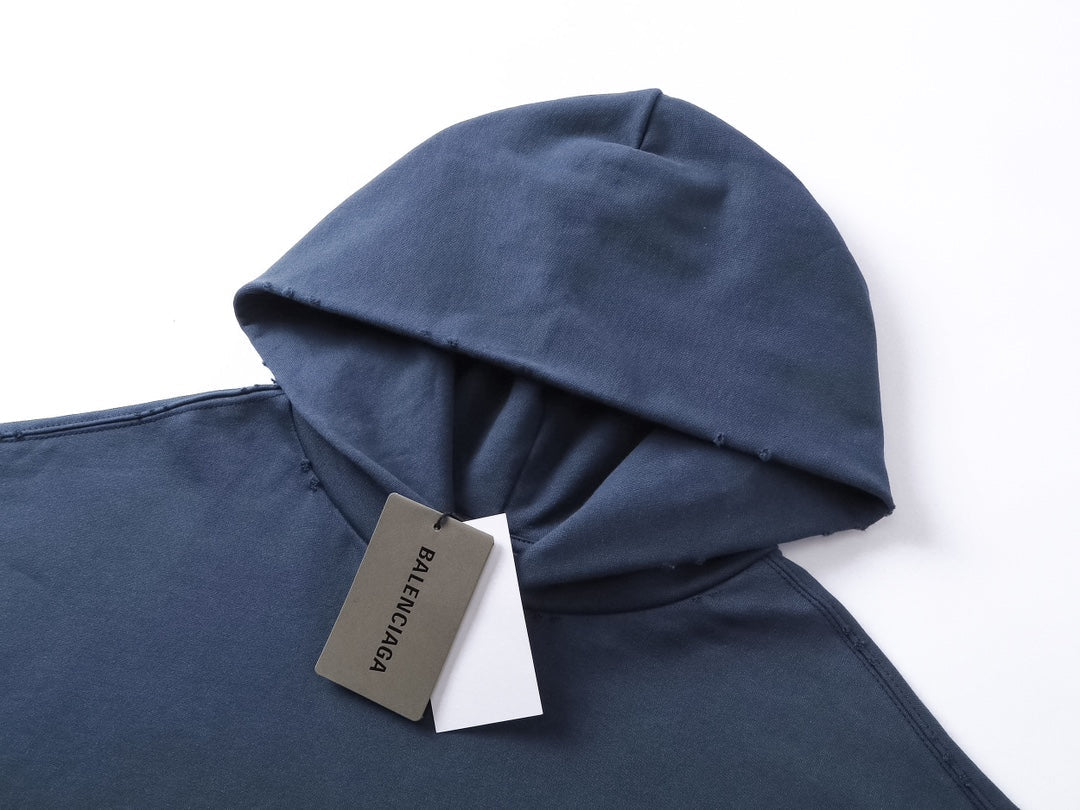 BALENCIAGA 泥巴手繪磨爛洗水做舊長袖連帽衛衣 (藍色)