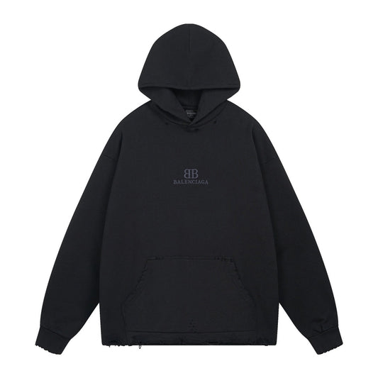 BALENCIAGA 經典LOGO刺繡水洗磨爛破壞下擺大幅度做舊連帽衛衣