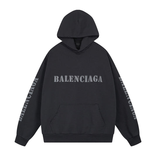 BALENCIAGA 模糊字母LOGO印花成衣洗水磨爛連帽衛衣