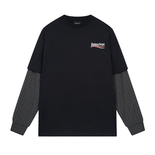 BALENCIAGA 經典款可樂海浪刺繡拼接襯衫袖假兩件套長袖T