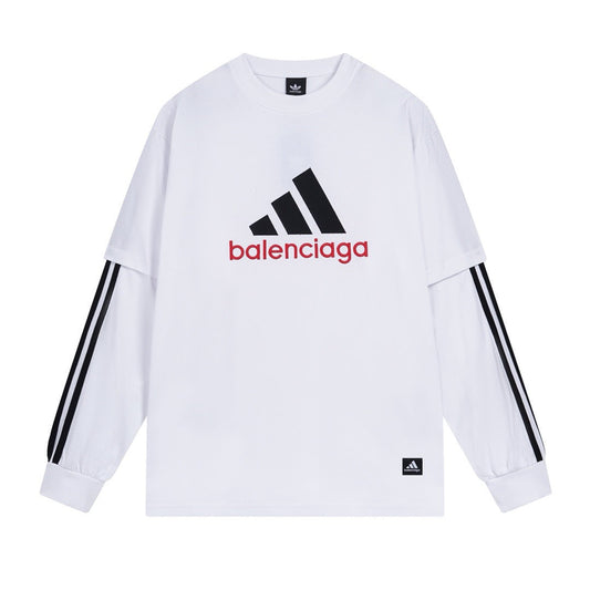 BALENCIAGA X Adidas前面經典LOGO組合刺繡長袖T (白)