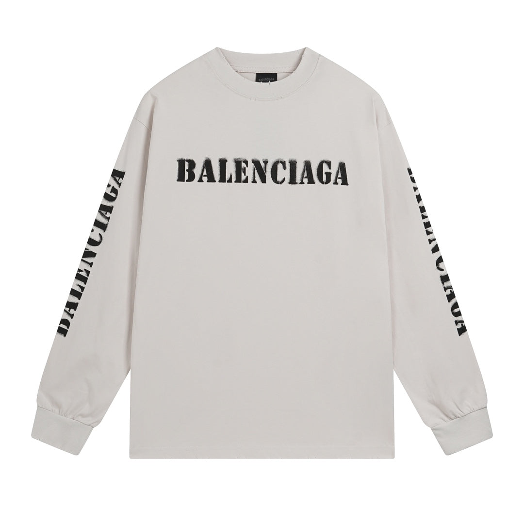 BALENCIAGA 模糊字母LOGO印花成衣磨爛長袖T (白)