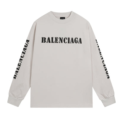 BALENCIAGA 模糊字母LOGO印花成衣磨爛長袖T (白)