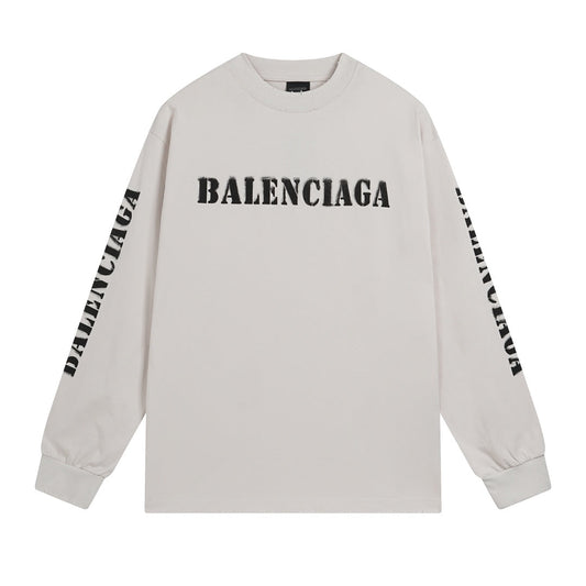 BALENCIAGA 模糊字母LOGO印花成衣磨爛長袖T (白)