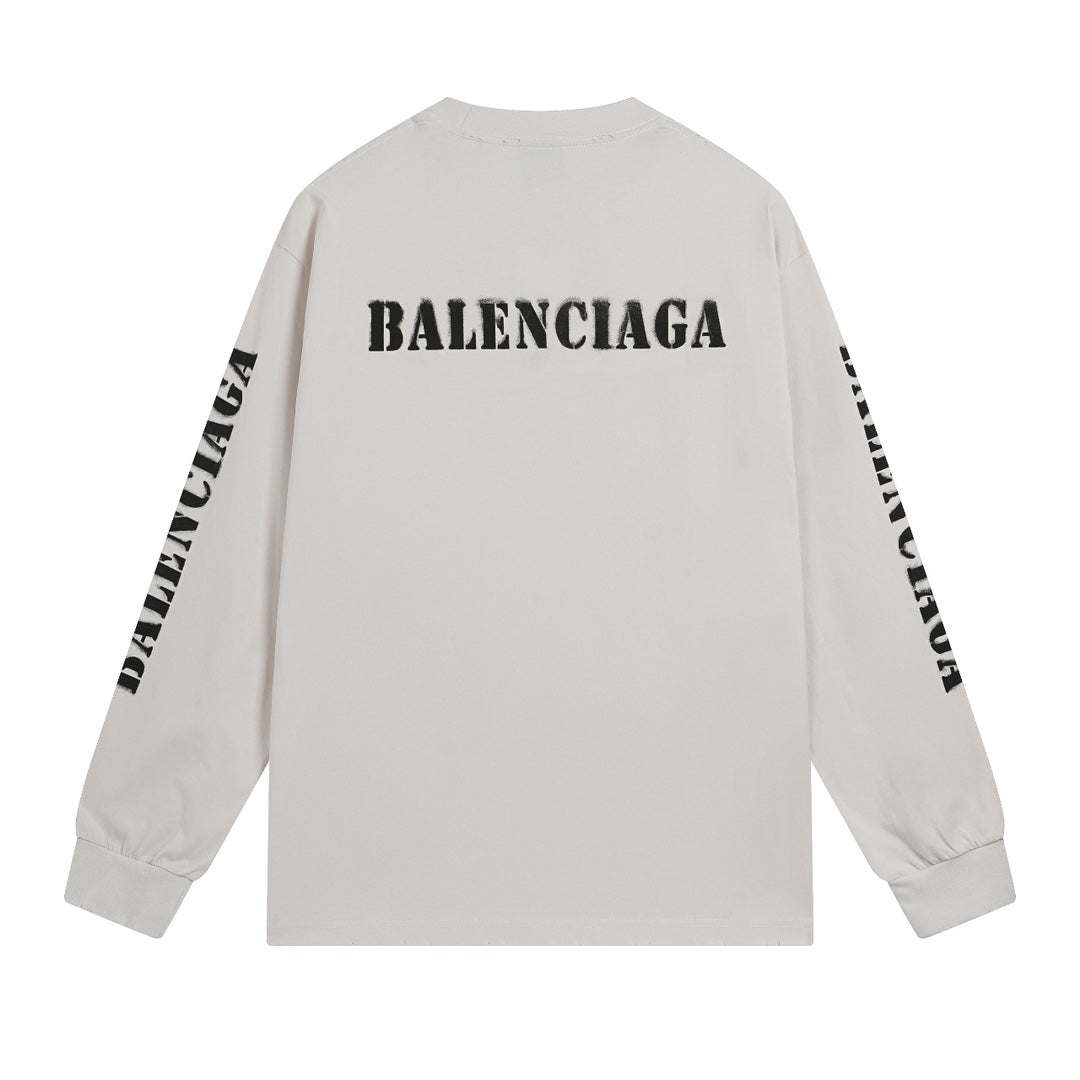 BALENCIAGA 模糊字母LOGO印花成衣磨爛長袖T (白)