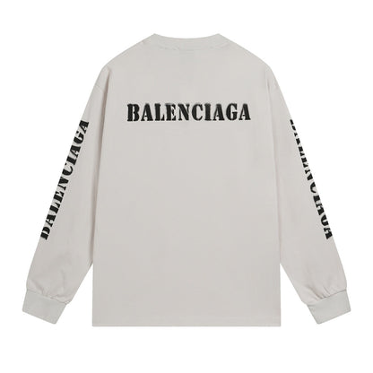 BALENCIAGA 模糊字母LOGO印花成衣磨爛長袖T (白)