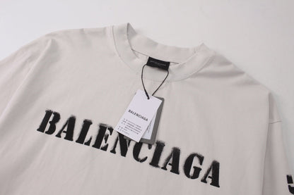 BALENCIAGA 模糊字母LOGO印花成衣磨爛長袖T (白)