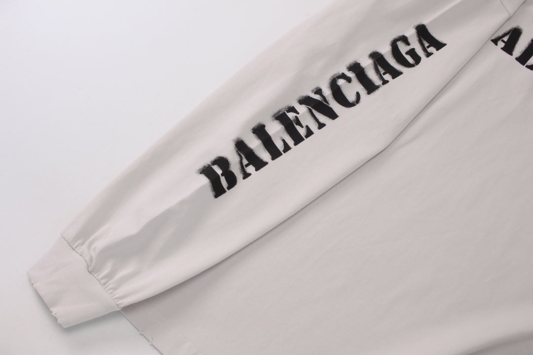 BALENCIAGA 模糊字母LOGO印花成衣磨爛長袖T (白)