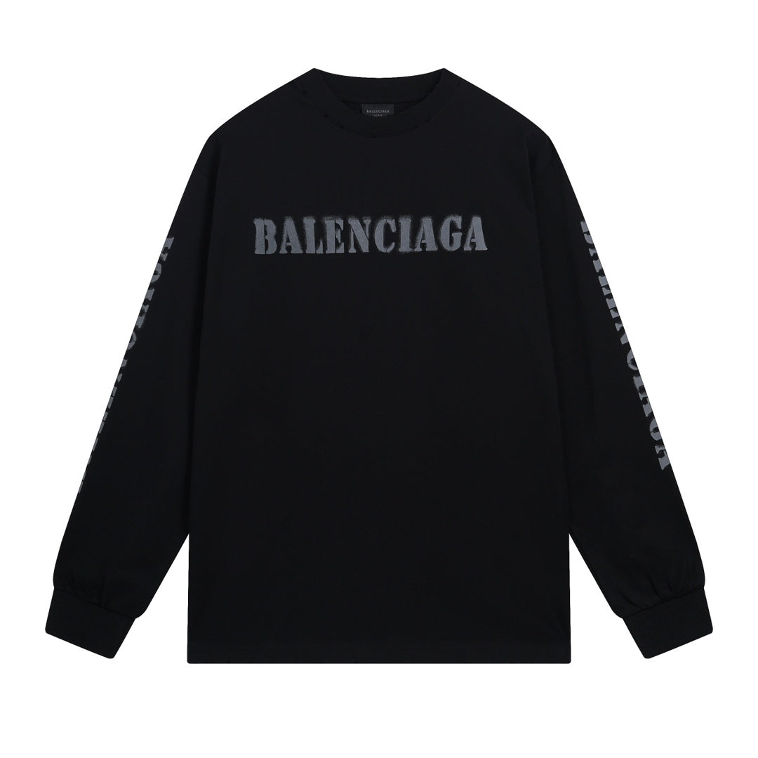 BALENCIAGA 模糊字母LOGO印花成衣磨爛長袖T (黑)