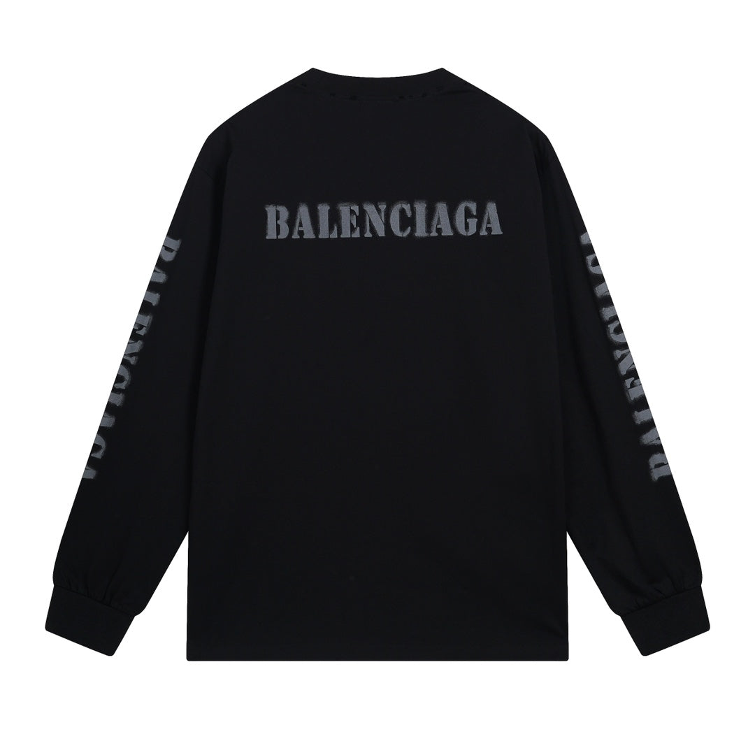 BALENCIAGA 模糊字母LOGO印花成衣磨爛長袖T (黑)