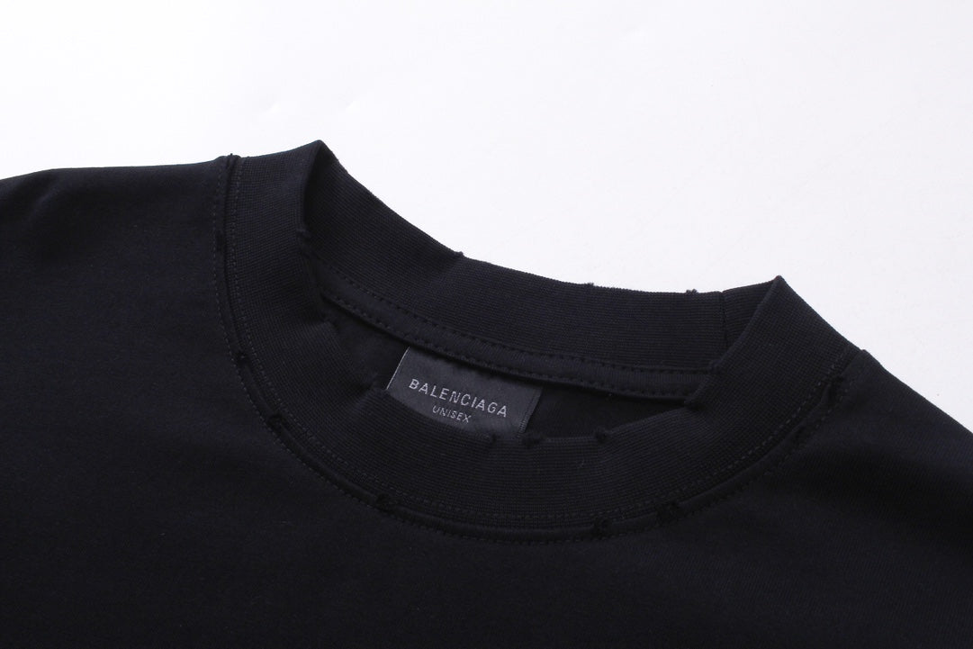 BALENCIAGA 模糊字母LOGO印花成衣磨爛長袖T (黑)