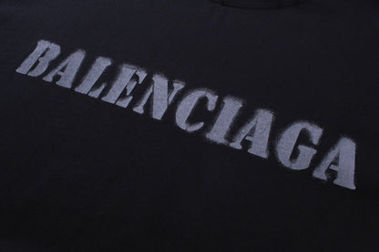 BALENCIAGA 模糊字母LOGO印花成衣磨爛長袖T (黑)