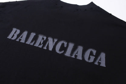 BALENCIAGA 模糊字母LOGO印花成衣磨爛長袖T (黑)