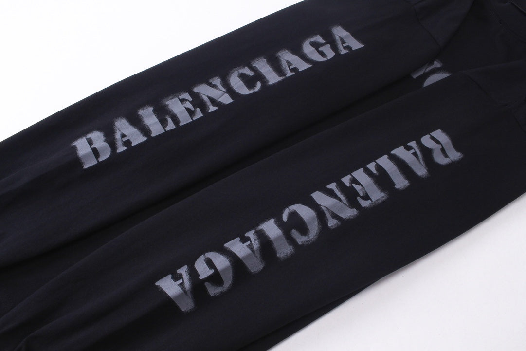 BALENCIAGA 模糊字母LOGO印花成衣磨爛長袖T (黑)